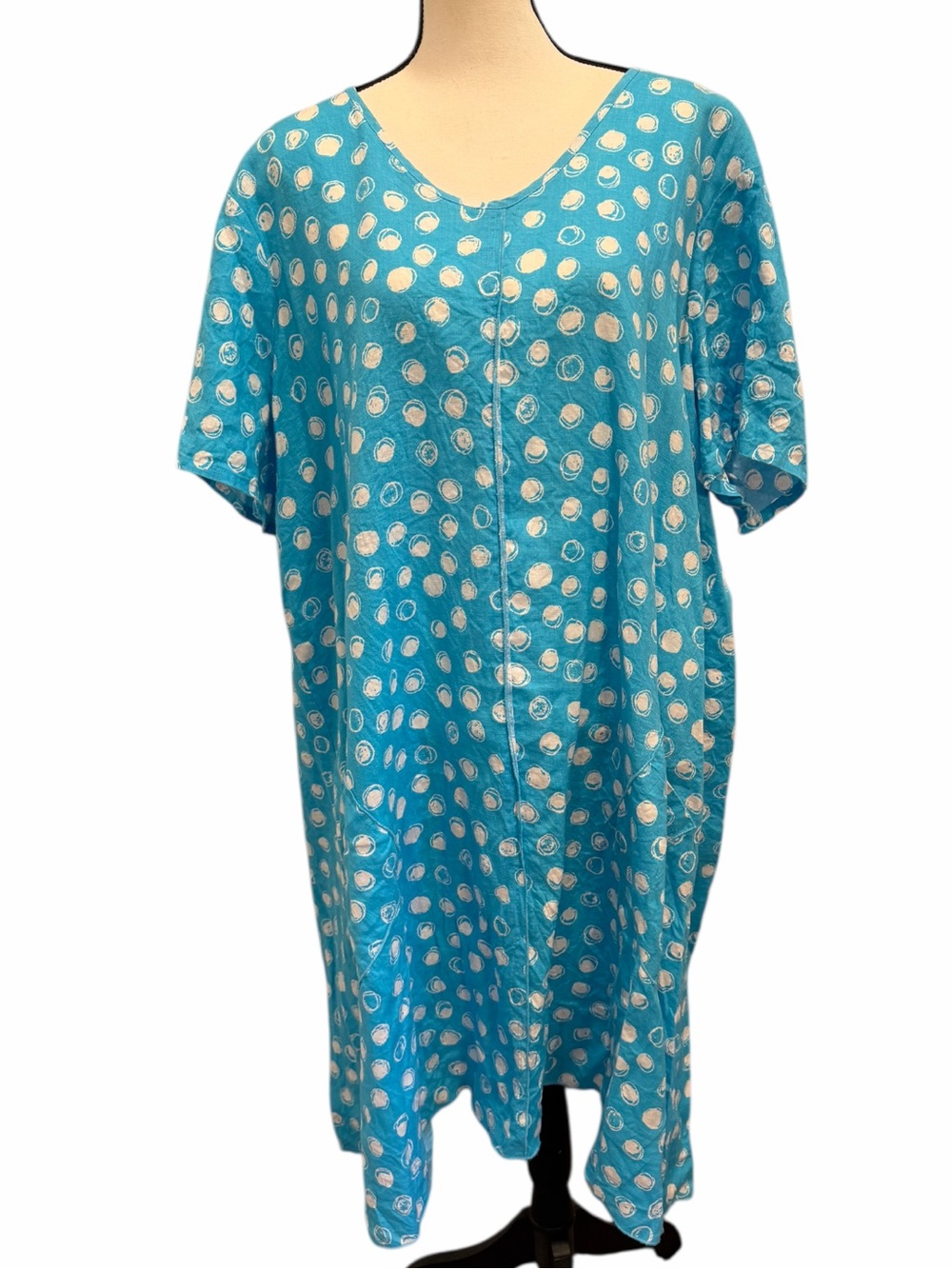 Ali Miles Dress Sz 3X Blue White Polka Dot Short Sleeve V-Neck Lagenlook Pockets